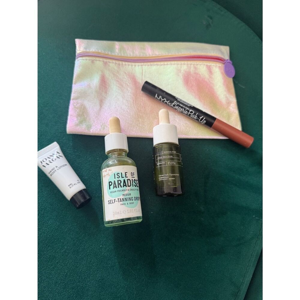 Makeup Bundle with NEW Cosmetic Case - Tan Drops, Lipstain, Lotion & Face Oil